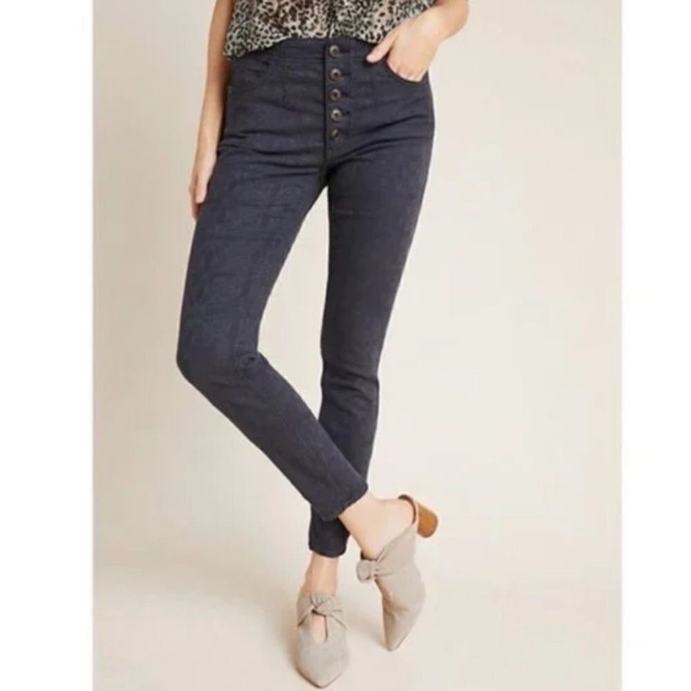 Anthropologie Pilcro Flower-Embroidered High-Rise Skinny Jeans - Washed Black